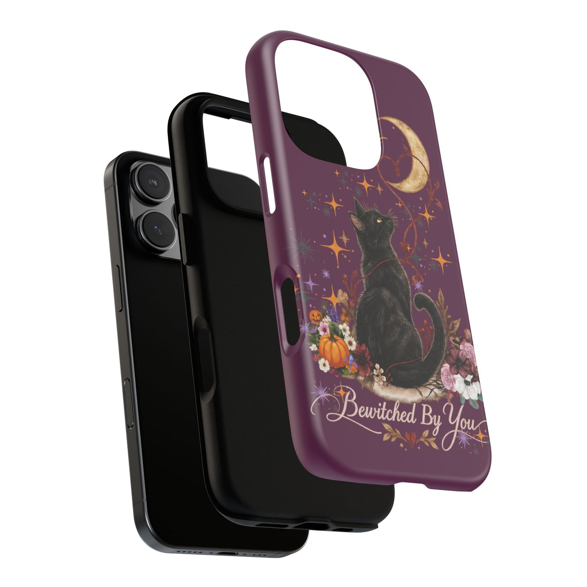 Black Cat Halloween Phone Case | Bewitched By You Witchy Moon & Pumpkin Tough Case | Dual-Layer Protective Cover for iPhone & Samsung