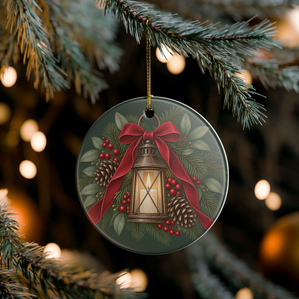 Personalized Ceramic Christmas Ornament — Lantern & Red Bow Family Holiday Decoration