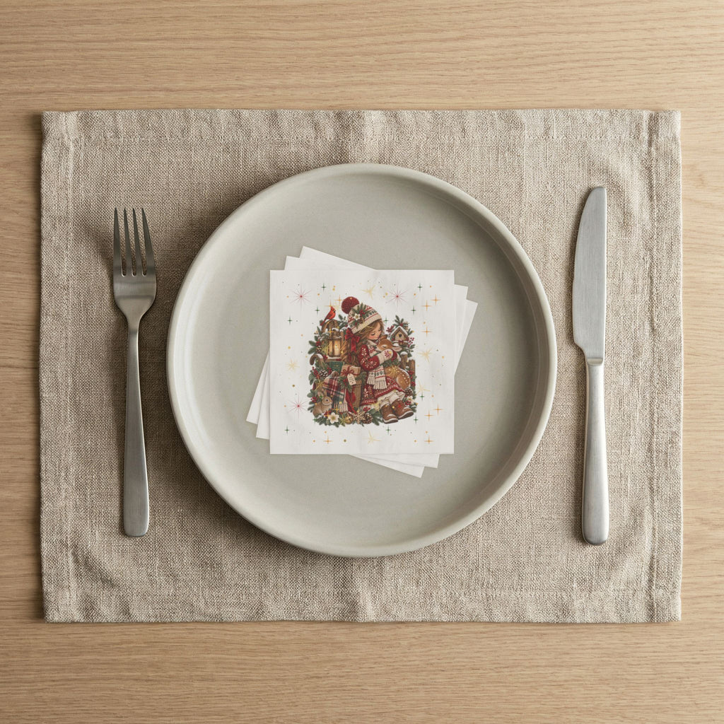 Christmas Girl Napkins — Vintage Holiday Paper Napkins with Cozy Lantern & Toys Design
