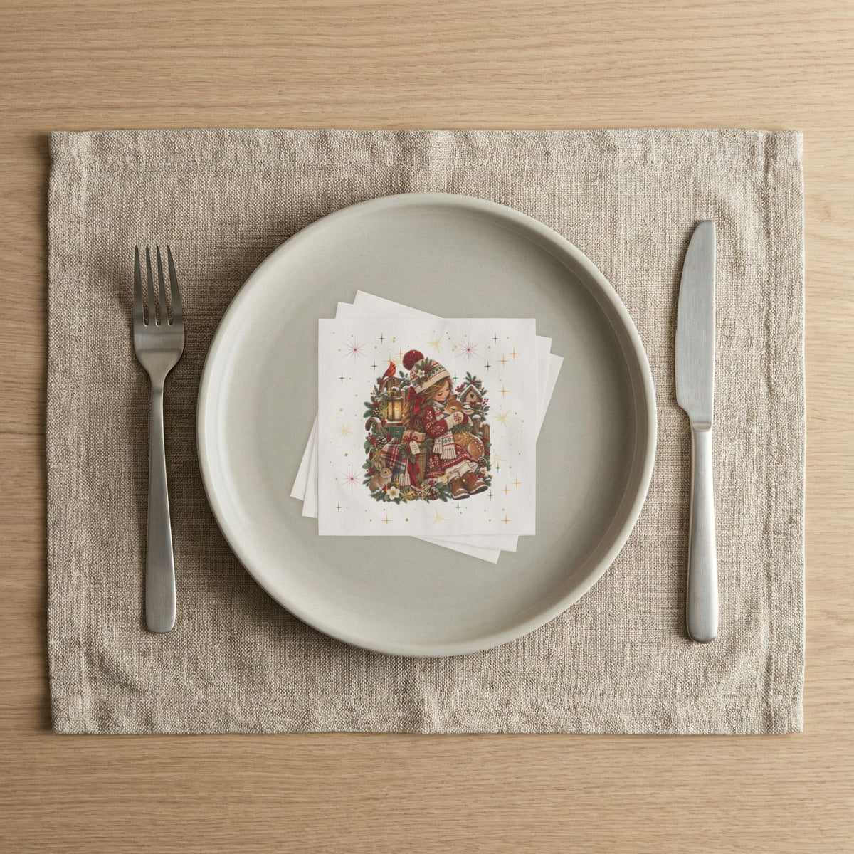 Christmas Girl Napkins — Vintage Holiday Paper Napkins with Cozy Lantern & Toys Design