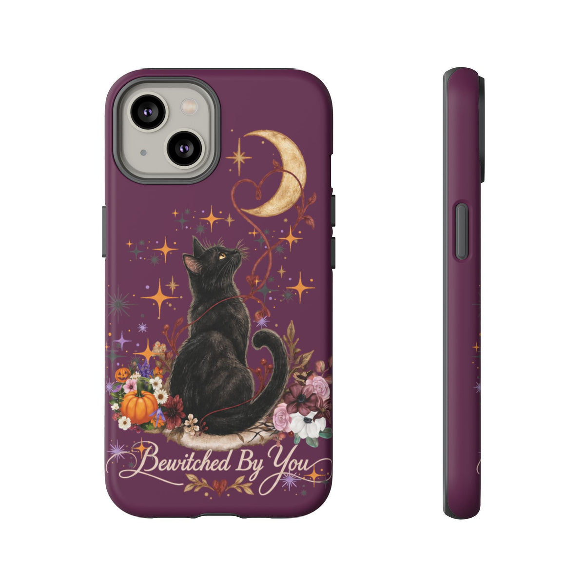 Black Cat Halloween Phone Case | Bewitched By You Witchy Moon & Pumpkin Tough Case | Dual-Layer Protective Cover for iPhone & Samsung