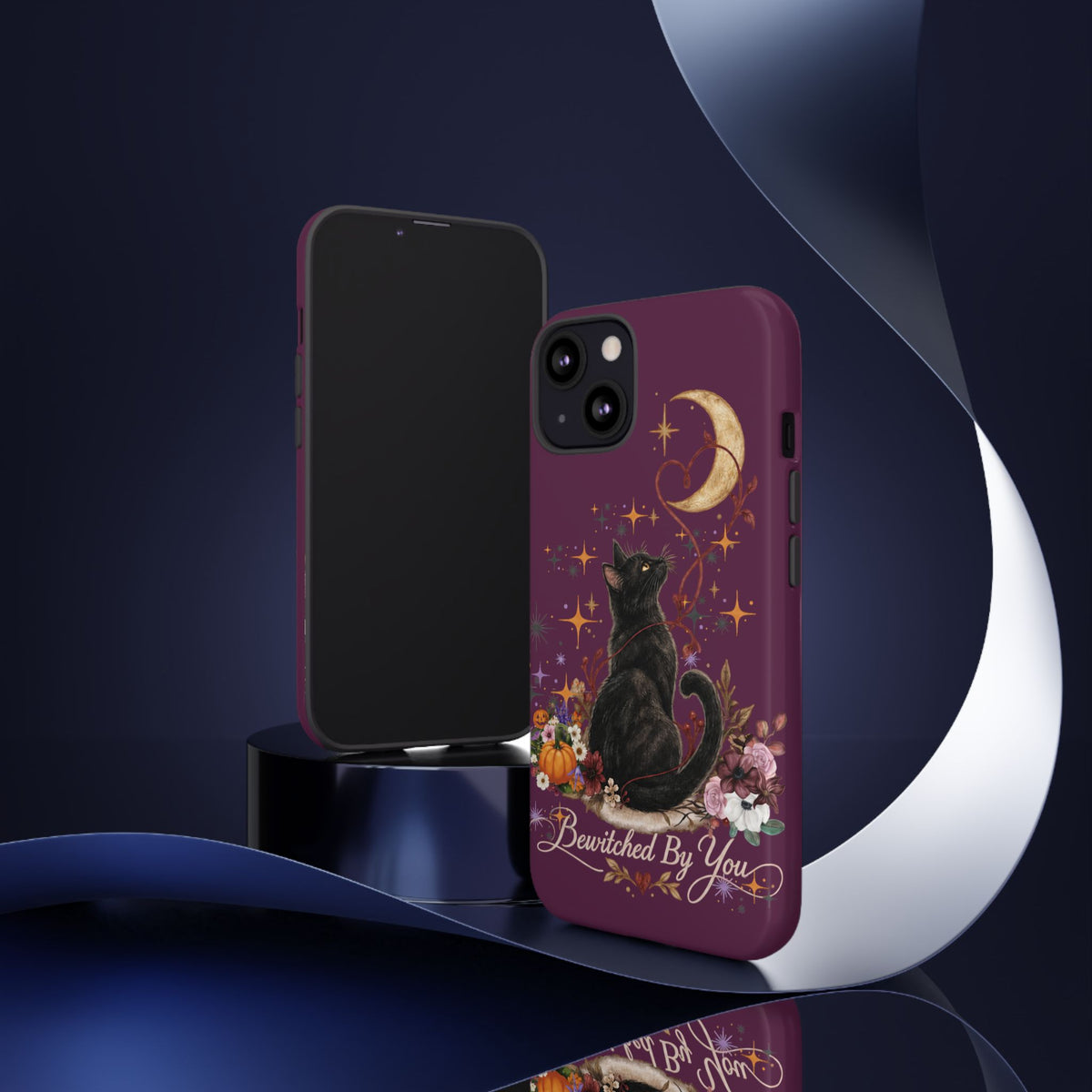 Black Cat Halloween Phone Case | Bewitched By You Witchy Moon & Pumpkin Tough Case | Dual-Layer Protective Cover for iPhone & Samsung