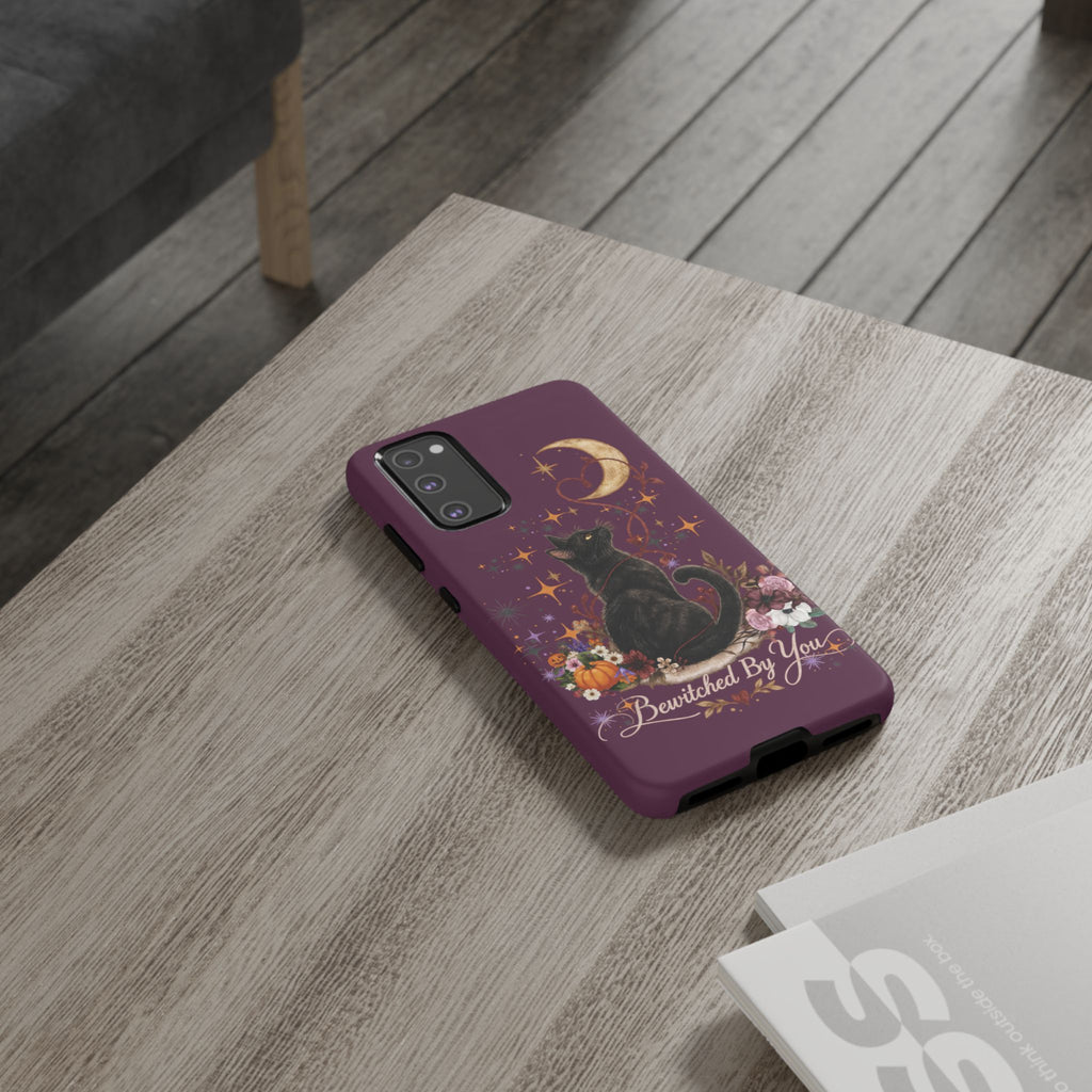 Black Cat Halloween Phone Case | Bewitched By You Witchy Moon & Pumpkin Tough Case | Dual-Layer Protective Cover for iPhone & Samsung