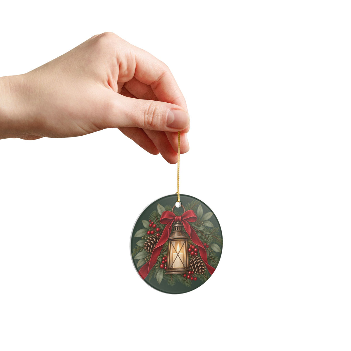 Personalized Ceramic Christmas Ornament — Lantern & Red Bow Family Holiday Decoration