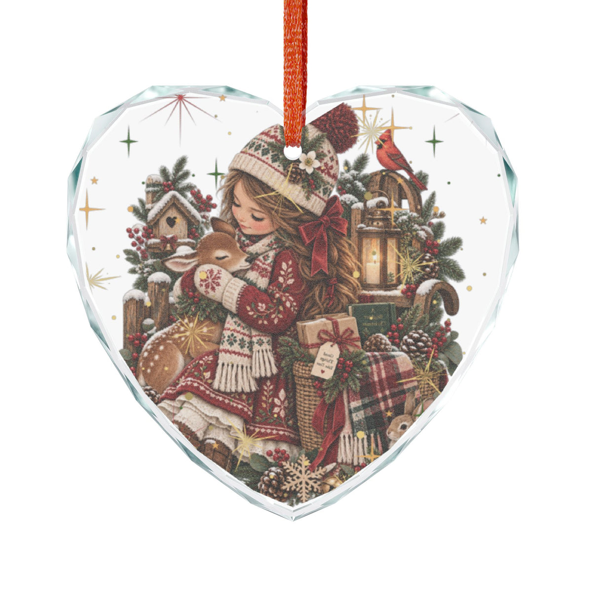 Heart Crystal Ornament — Cozy Vintage Girl with Bunny Christmas Decoration