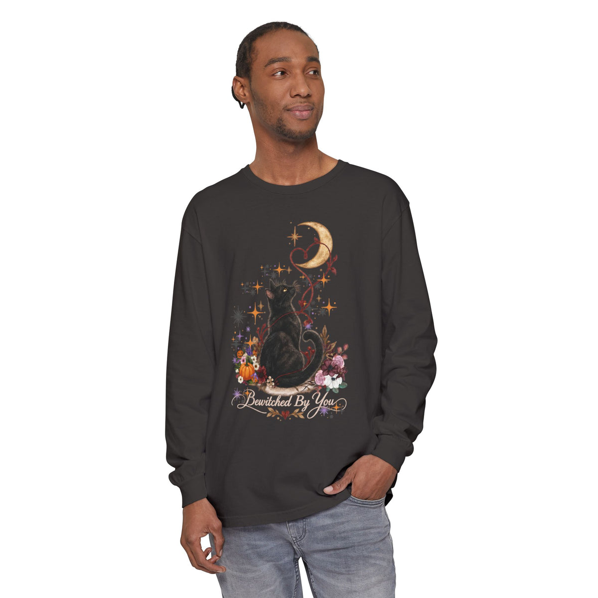 Black Cat Moon Long Sleeve Shirt — "Bewitched by You" Gothic Cat Tee