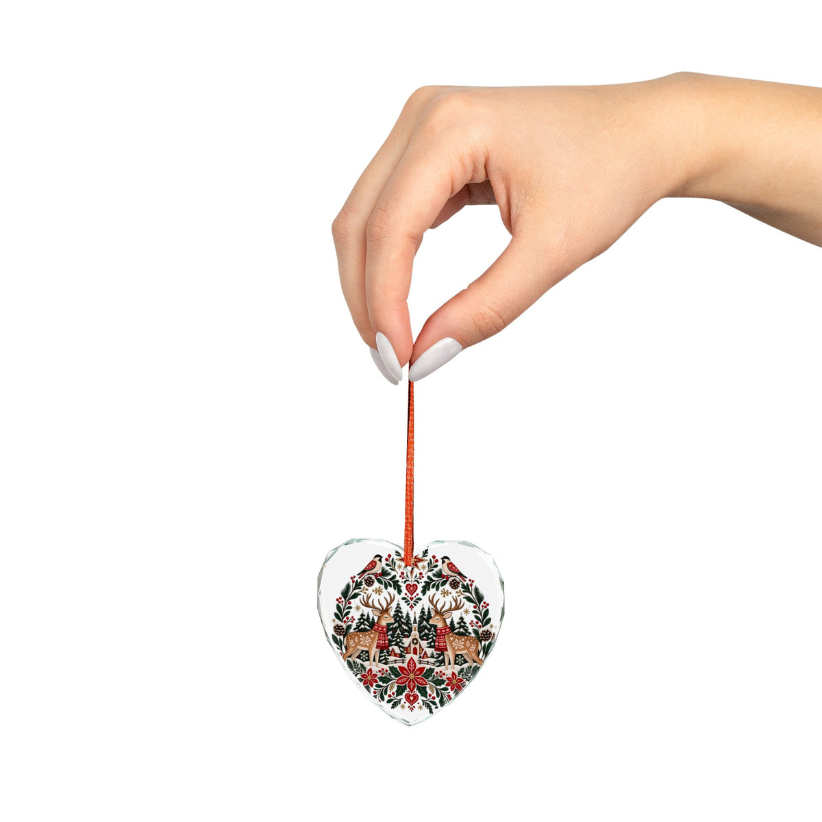 Crystal Heart Ornament — Folk Art Reindeer & Winter Village Holiday Decoration