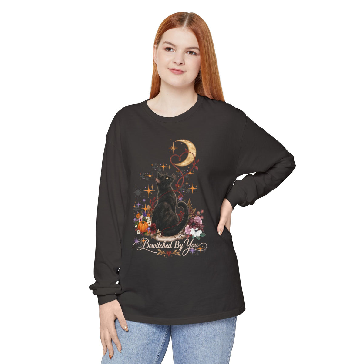 Black Cat Moon Long Sleeve Shirt — "Bewitched by You" Gothic Cat Tee