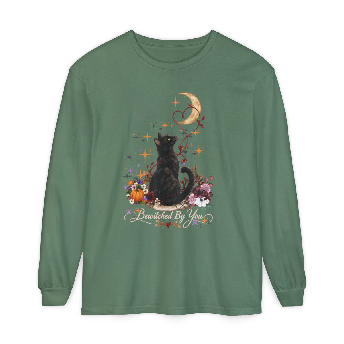Black Cat Moon Long Sleeve Shirt — "Bewitched by You" Gothic Cat Tee