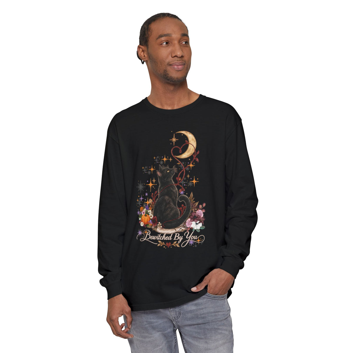 Black Cat Moon Long Sleeve Shirt — "Bewitched by You" Gothic Cat Tee