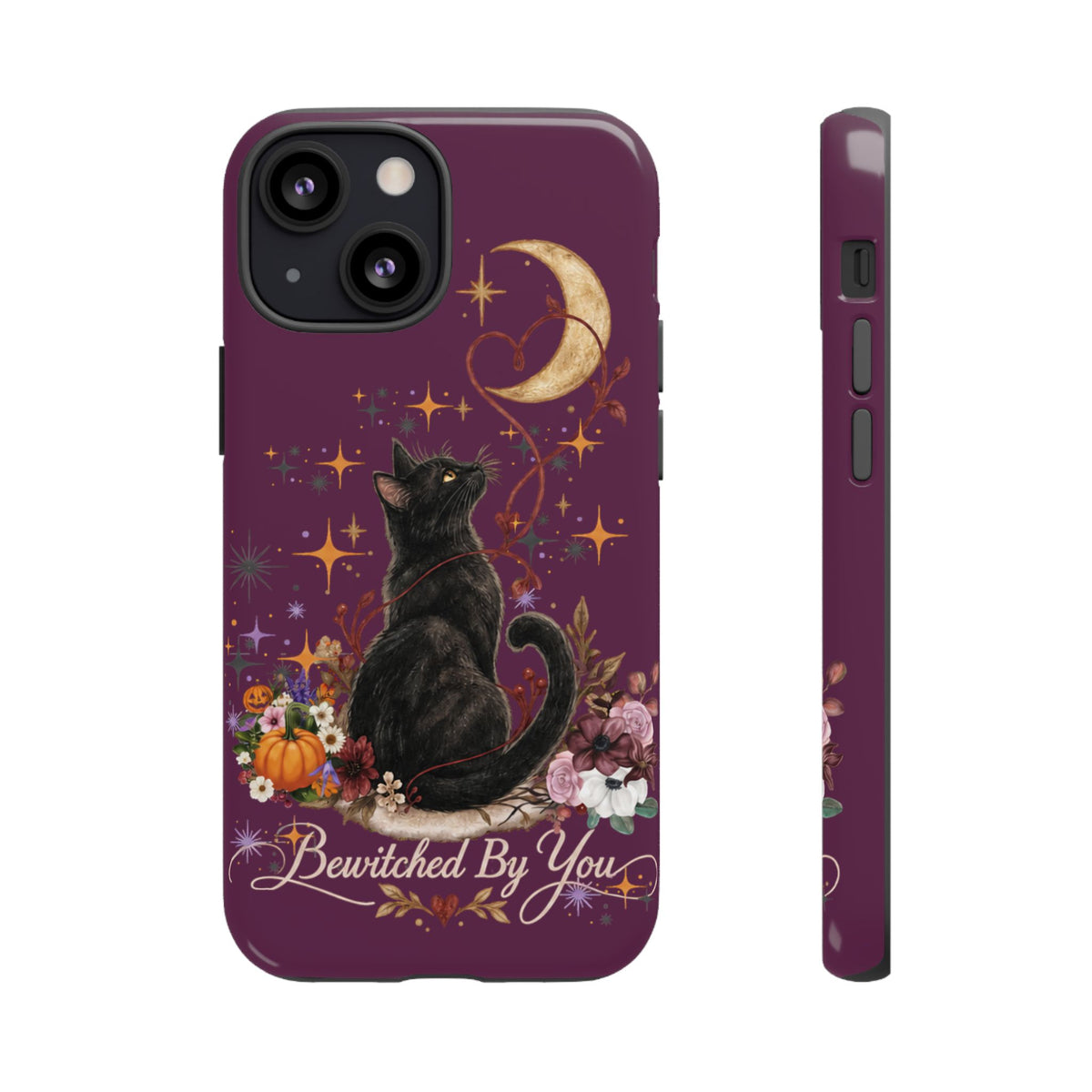 Black Cat Halloween Phone Case | Bewitched By You Witchy Moon & Pumpkin Tough Case | Dual-Layer Protective Cover for iPhone & Samsung