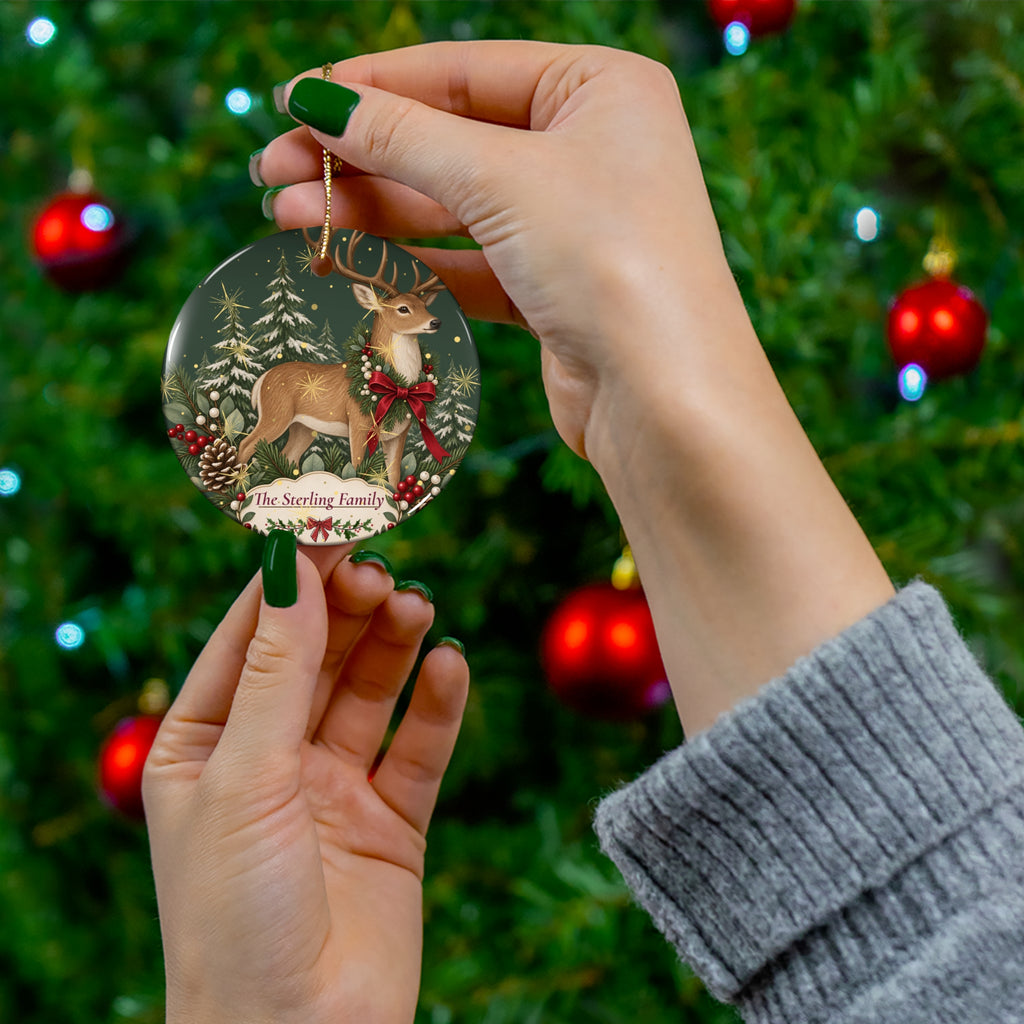 Personalized Christmas Reindeer Ceramic Ornament – Family Name Holiday Keepsake