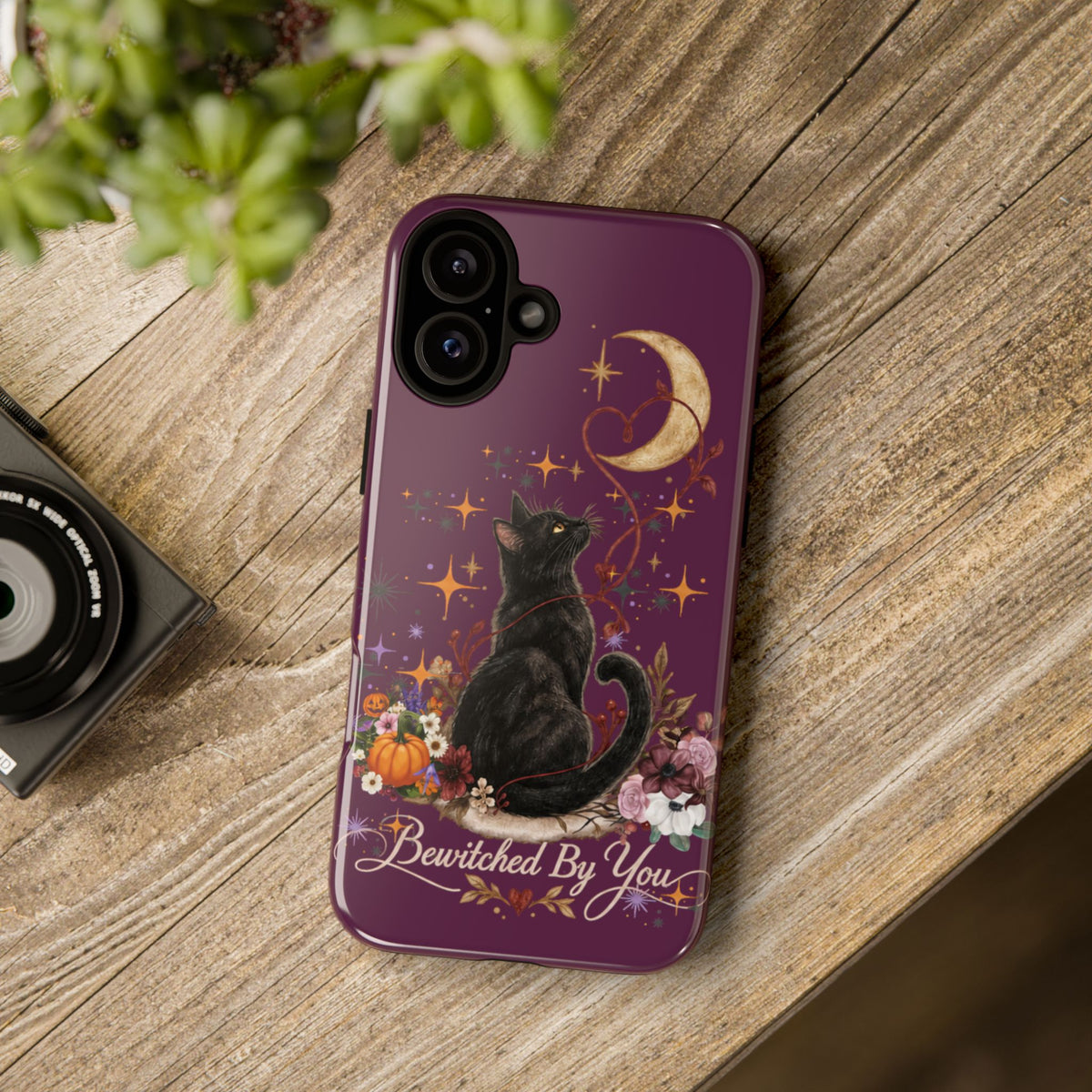Black Cat Halloween Phone Case | Bewitched By You Witchy Moon & Pumpkin Tough Case | Dual-Layer Protective Cover for iPhone & Samsung