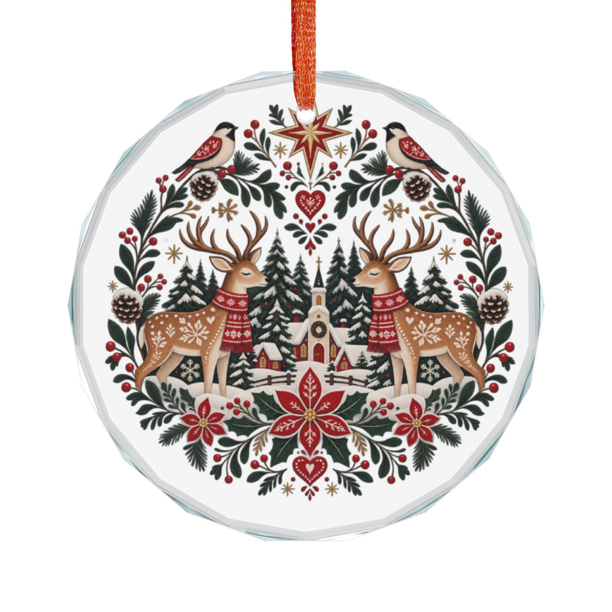 Crystal Heart Ornament — Folk Art Reindeer & Winter Village Holiday Decoration