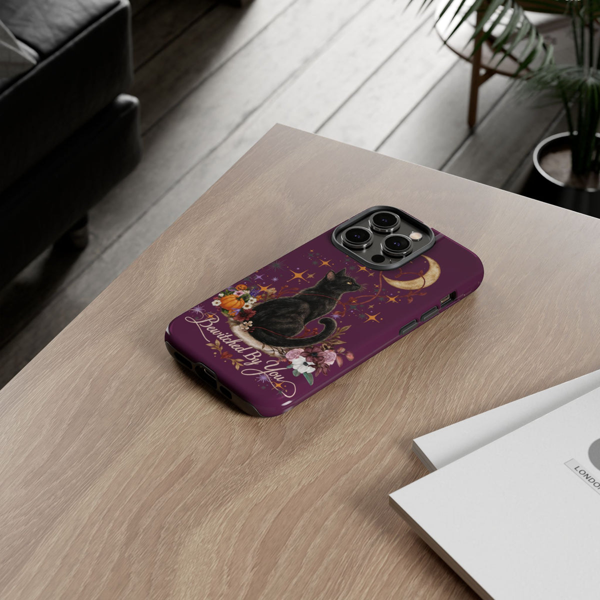 Black Cat Halloween Phone Case | Bewitched By You Witchy Moon & Pumpkin Tough Case | Dual-Layer Protective Cover for iPhone & Samsung