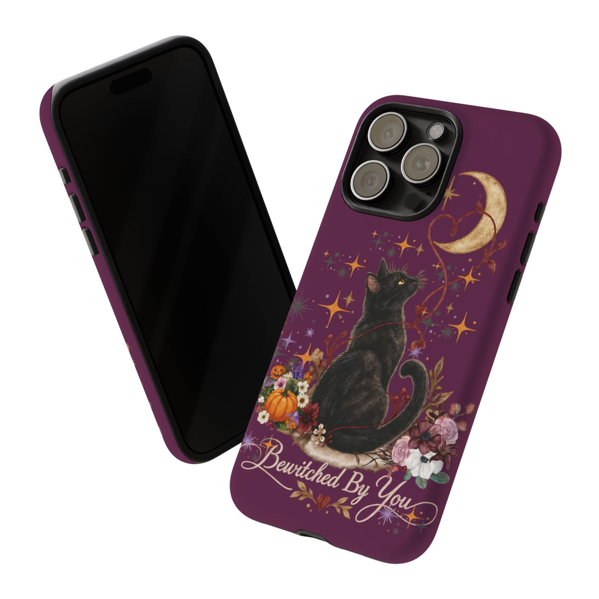 Black Cat Halloween Phone Case | Bewitched By You Witchy Moon & Pumpkin Tough Case | Dual-Layer Protective Cover for iPhone & Samsung
