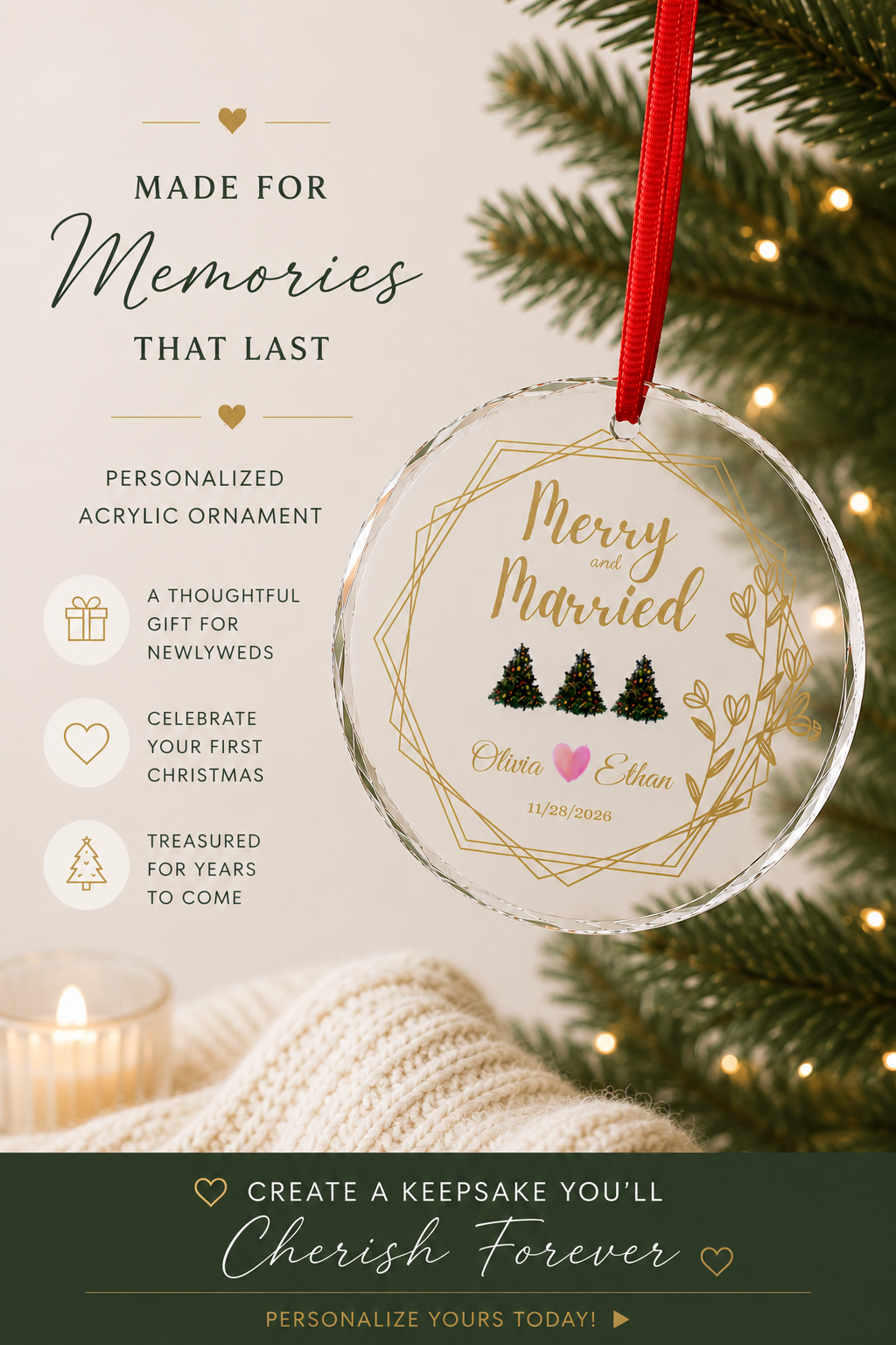 Merry and Married Personalized Ornament