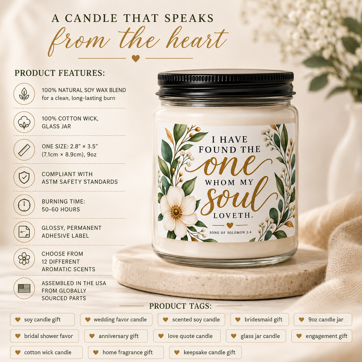 Scented Soy Candle Wedding Gift, 9oz Glass Jar Candle, Bridesmaid Gift, Love Quote Candle, Bridal Shower Favor, Anniversary Gift