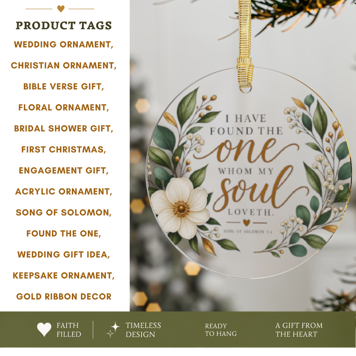 I Have Found The One Whom My Soul Loveth Ornament, Christian Wedding Acrylic Ornament, Floral Round Christmas Ornament, Bridal Gift