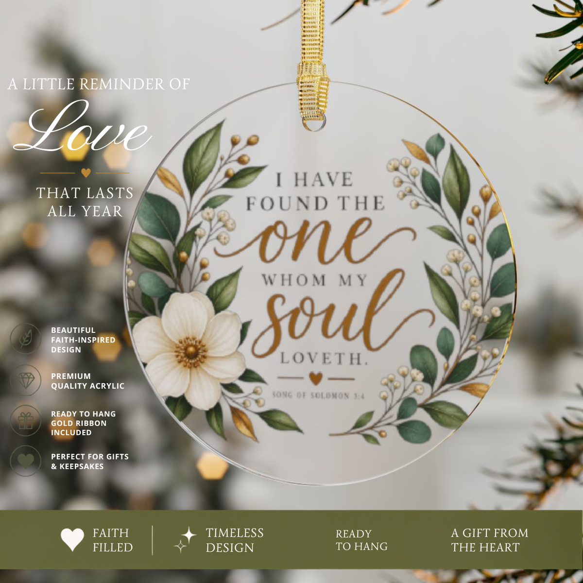 I Have Found The One Whom My Soul Loveth Ornament, Christian Wedding Acrylic Ornament, Floral Round Christmas Ornament, Bridal Gift
