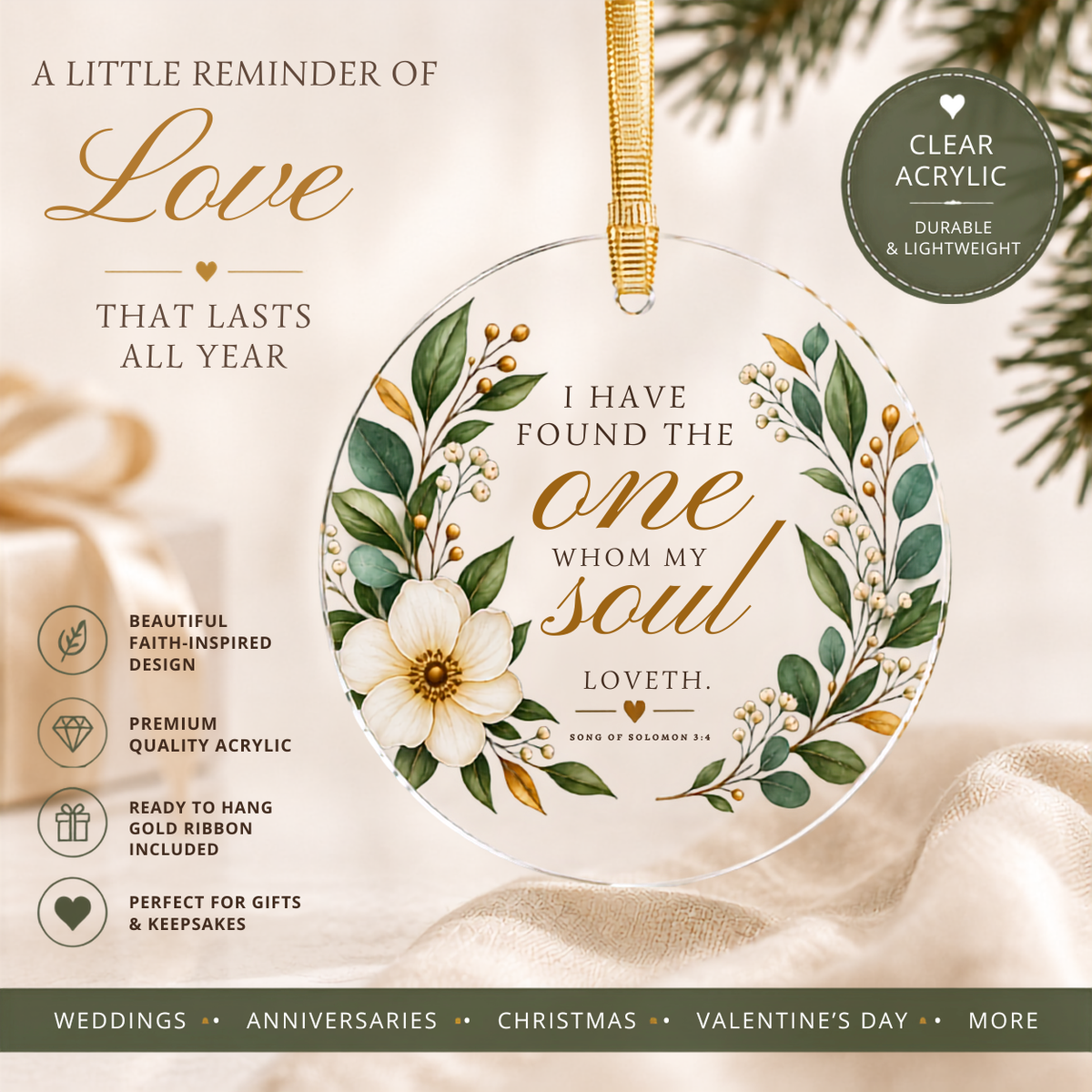 I Have Found The One Whom My Soul Loveth Ornament, Christian Wedding Acrylic Ornament, Floral Round Christmas Ornament, Bridal Gift