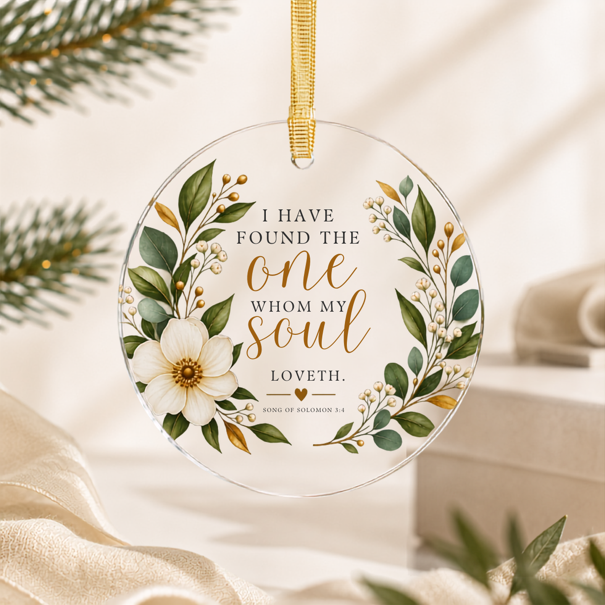 I Have Found The One Whom My Soul Loveth Ornament, Christian Wedding Acrylic Ornament, Floral Round Christmas Ornament, Bridal Gift