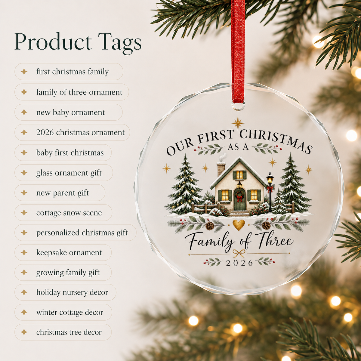 First Christmas As A Family Of Three Ornament, 2026 New Baby Glass Keepsake Gift