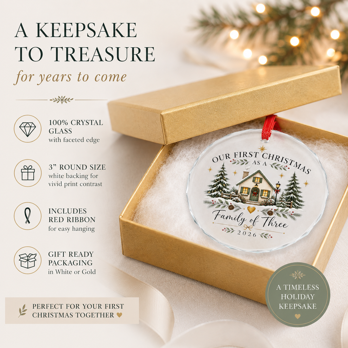 First Christmas As A Family Of Three Ornament, 2026 New Baby Glass Keepsake Gift