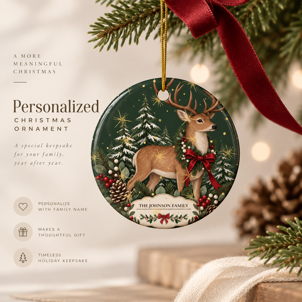 Personalized Christmas Reindeer Ceramic Ornament – Family Name Holiday Keepsake