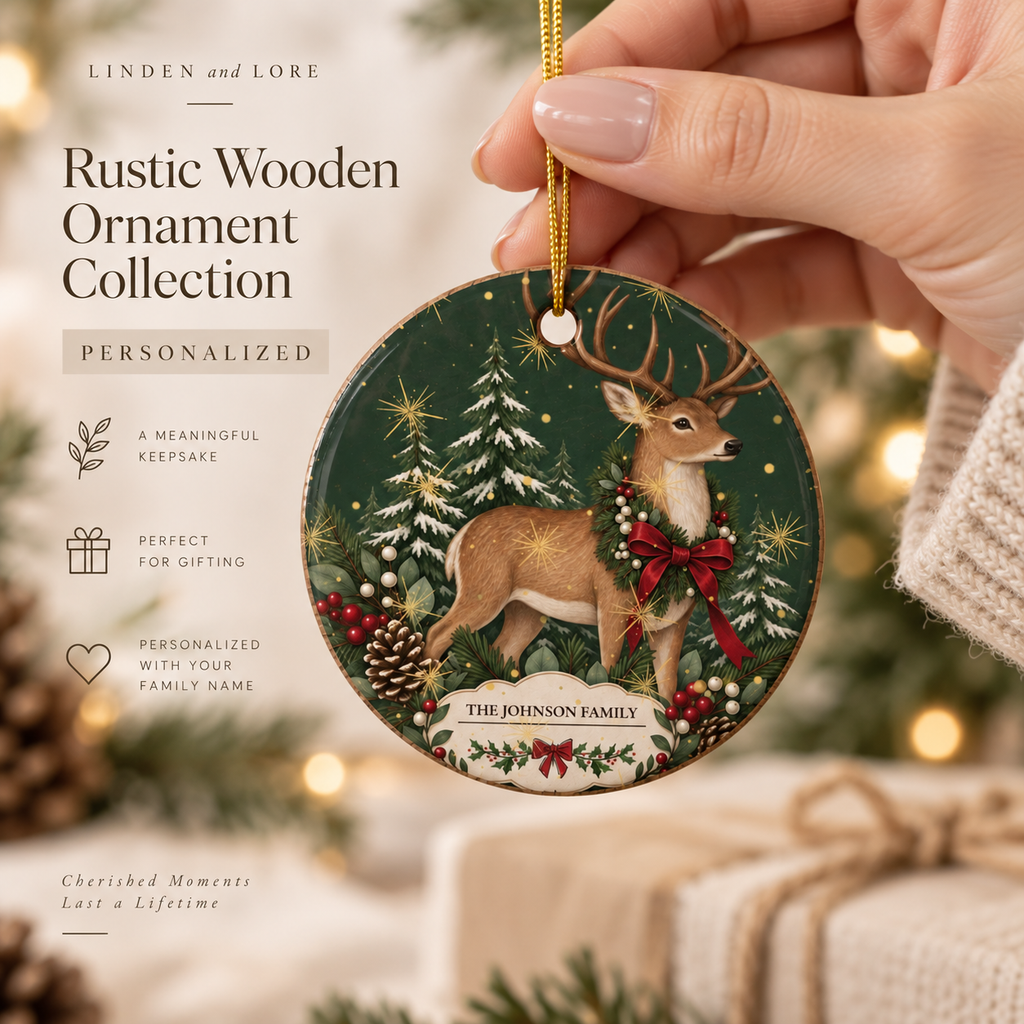 Personalized Christmas Reindeer Ceramic Ornament – Family Name Holiday Keepsake