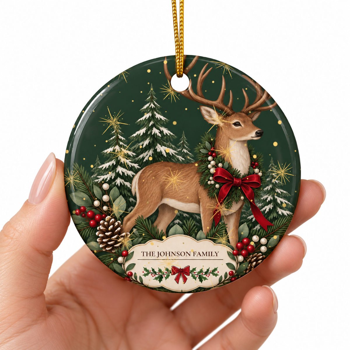 Personalized Christmas Reindeer Ceramic Ornament – Family Name Holiday Keepsake