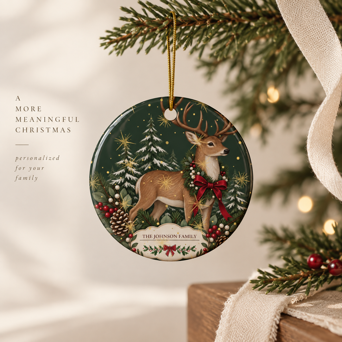 Personalized Christmas Reindeer Ceramic Ornament – Family Name Holiday Keepsake