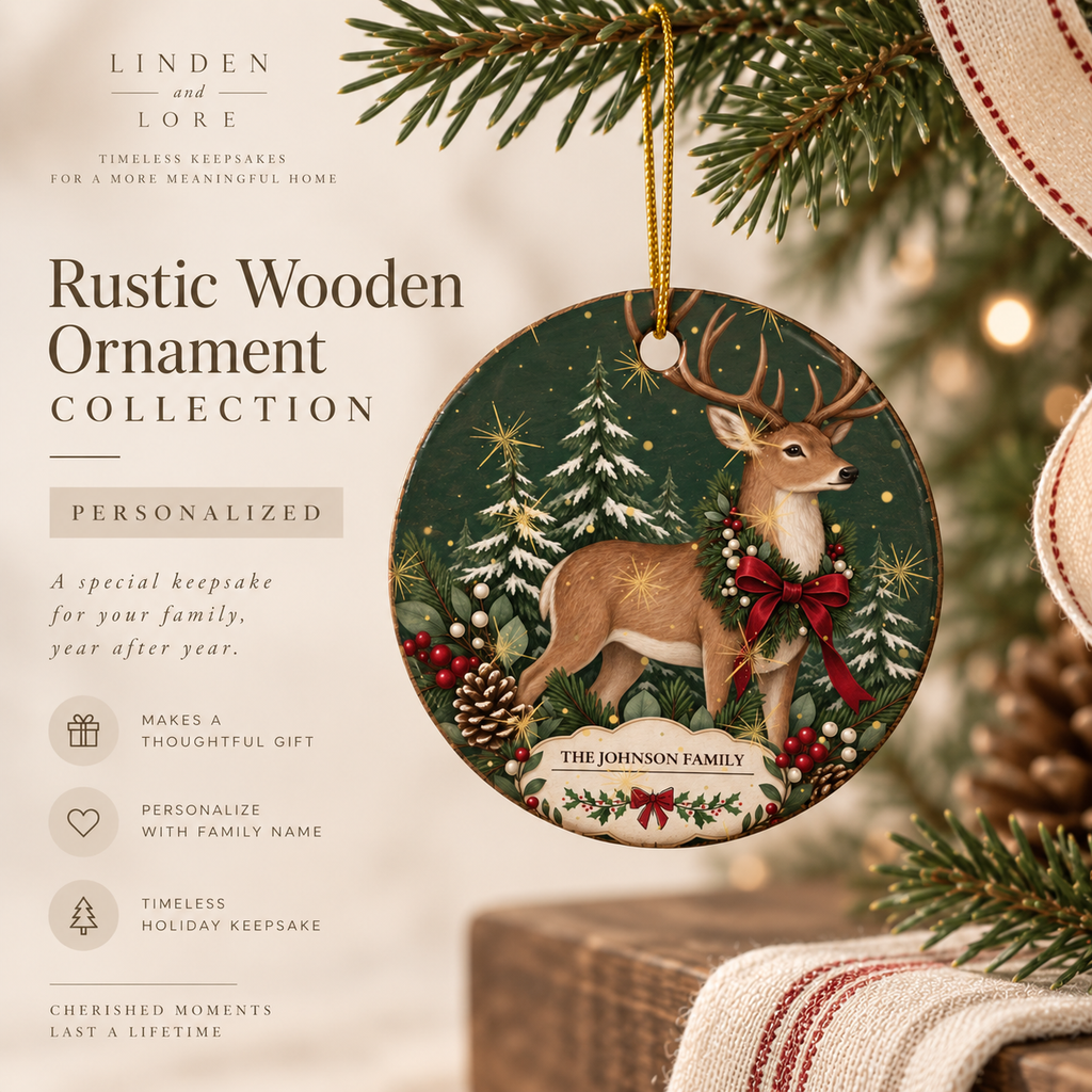 Personalized Christmas Reindeer Ceramic Ornament – Family Name Holiday Keepsake