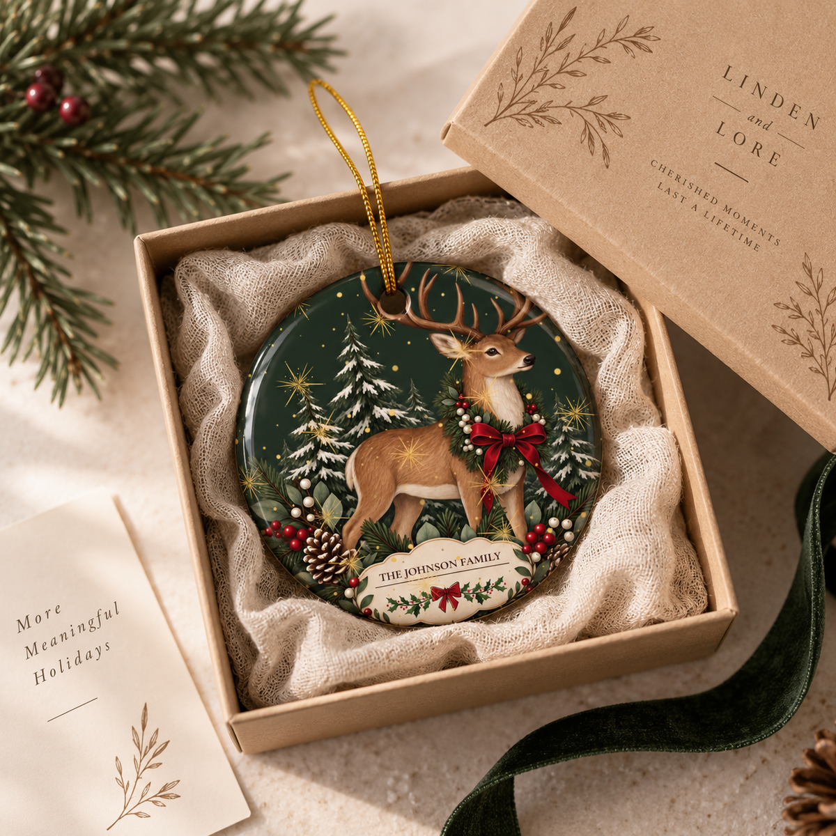 Personalized Christmas Reindeer Ceramic Ornament – Family Name Holiday Keepsake