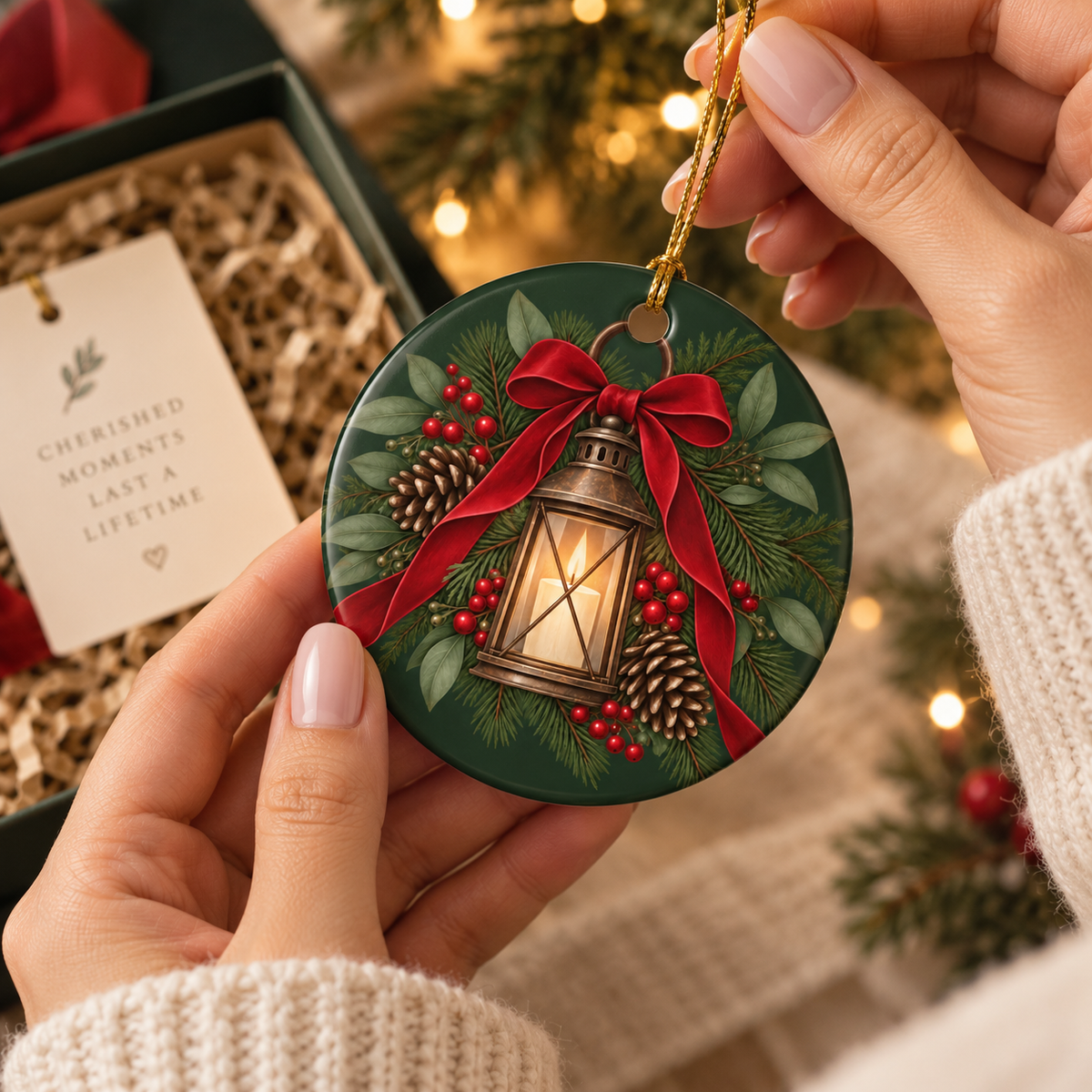 Personalized Ceramic Christmas Ornament — Lantern & Red Bow Family Holiday Decoration