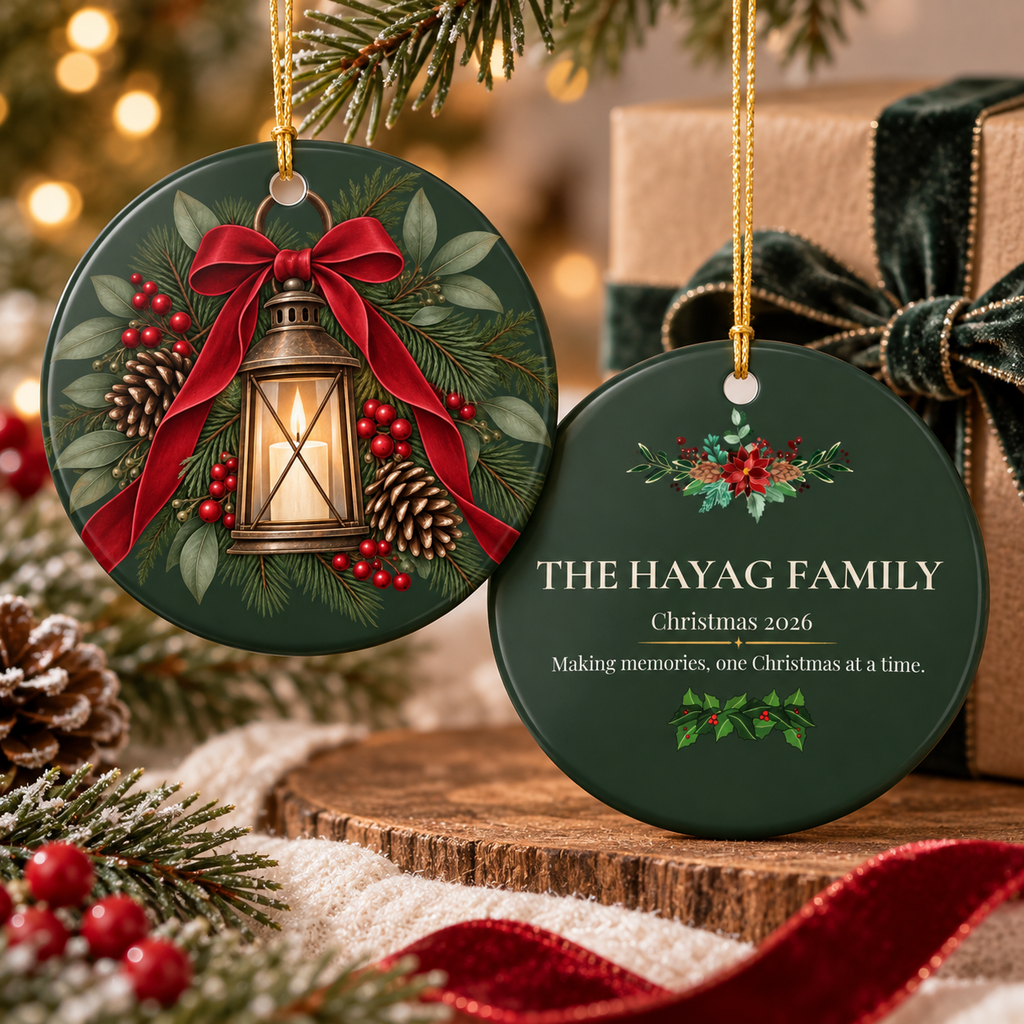 Personalized Ceramic Christmas Ornament — Lantern & Red Bow Family Holiday Decoration