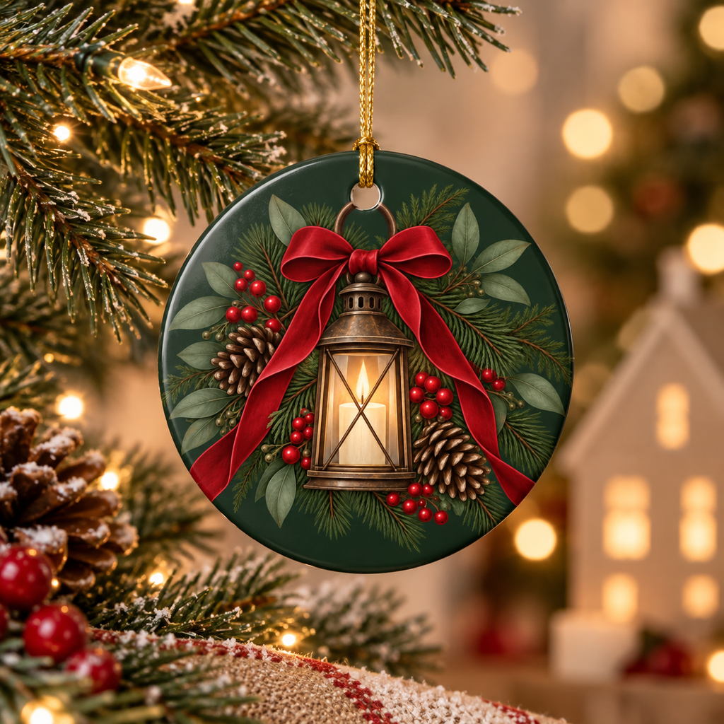 Personalized Ceramic Christmas Ornament — Lantern & Red Bow Family Holiday Decoration