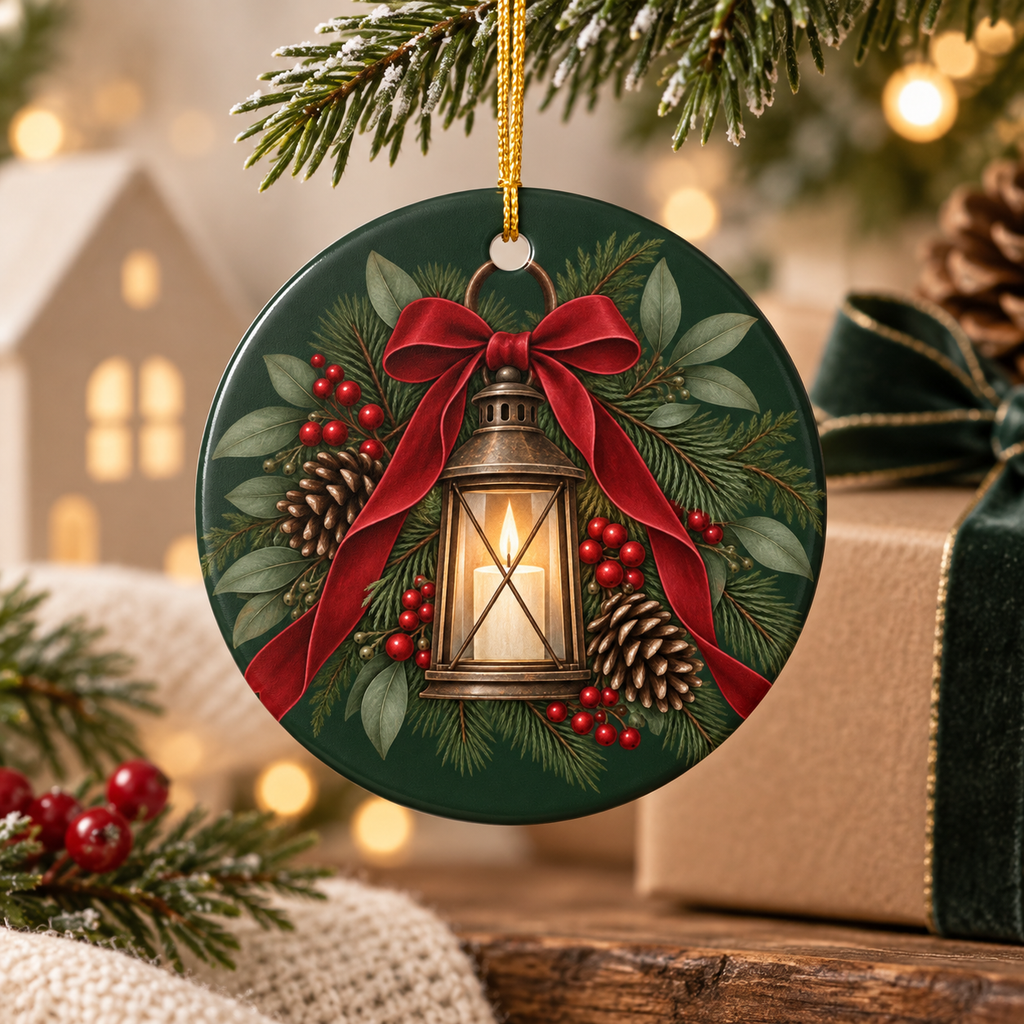 Personalized Ceramic Christmas Ornament — Lantern & Red Bow Family Holiday Decoration
