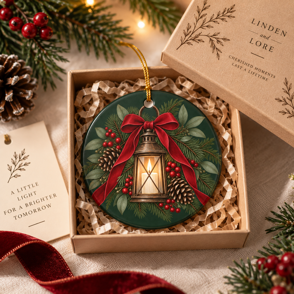 Personalized Ceramic Christmas Ornament — Lantern & Red Bow Family Holiday Decoration