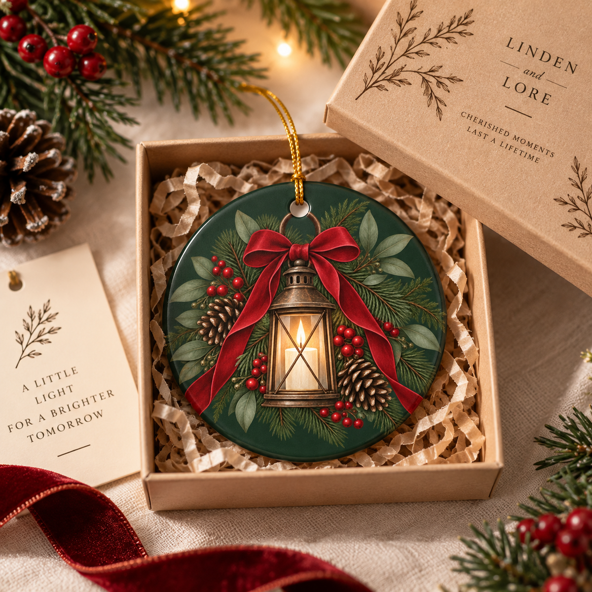 Personalized Ceramic Christmas Ornament — Lantern & Red Bow Family Holiday Decoration