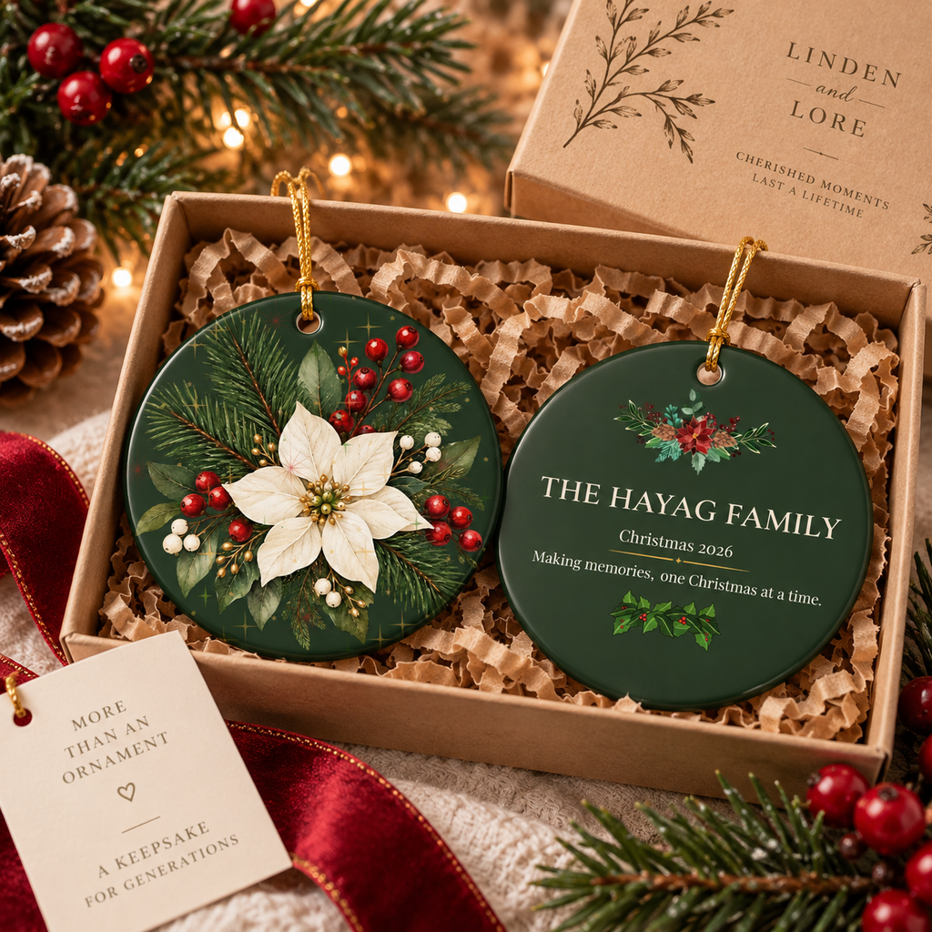 Personalized Ceramic Christmas Ornament – Poinsettia & Pine Family Keepsake (Custom Name, Christmas 2026)