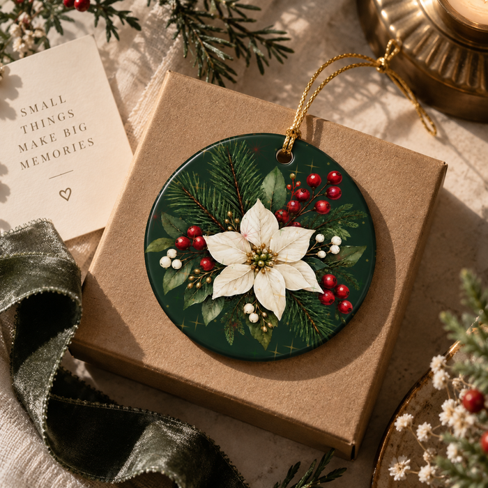 Personalized Ceramic Christmas Ornament – Poinsettia & Pine Family Keepsake (Custom Name, Christmas 2026)