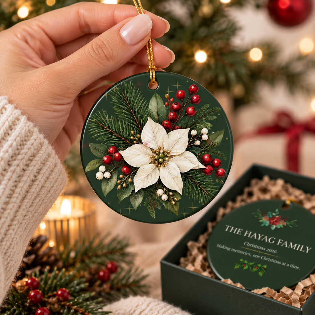 Personalized Ceramic Christmas Ornament – Poinsettia & Pine Family Keepsake (Custom Name, Christmas 2026)