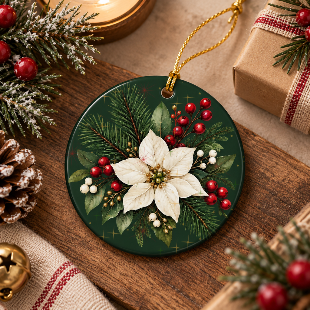 Personalized Ceramic Christmas Ornament – Poinsettia & Pine Family Keepsake (Custom Name, Christmas 2026)