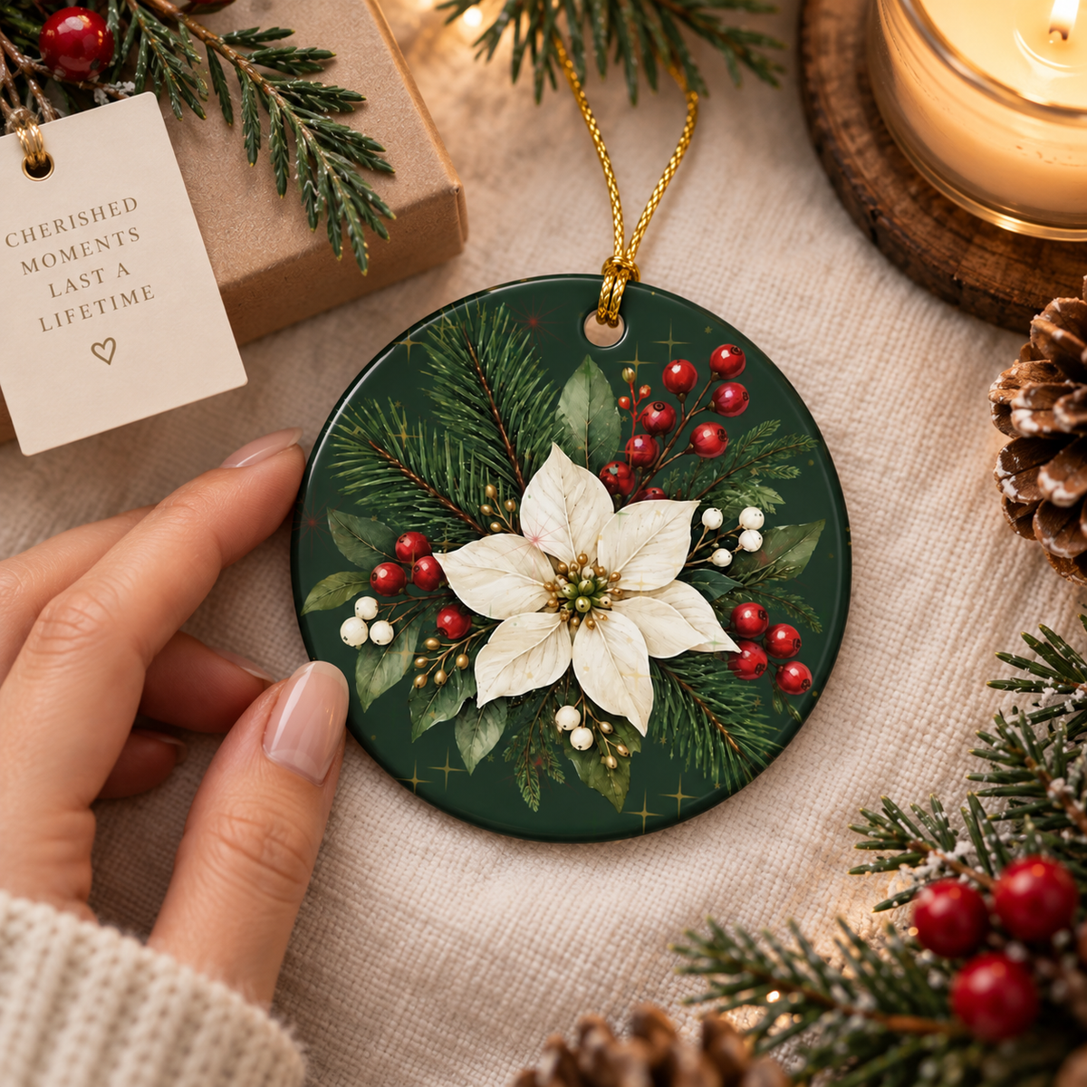 Personalized Ceramic Christmas Ornament – Poinsettia & Pine Family Keepsake (Custom Name, Christmas 2026)