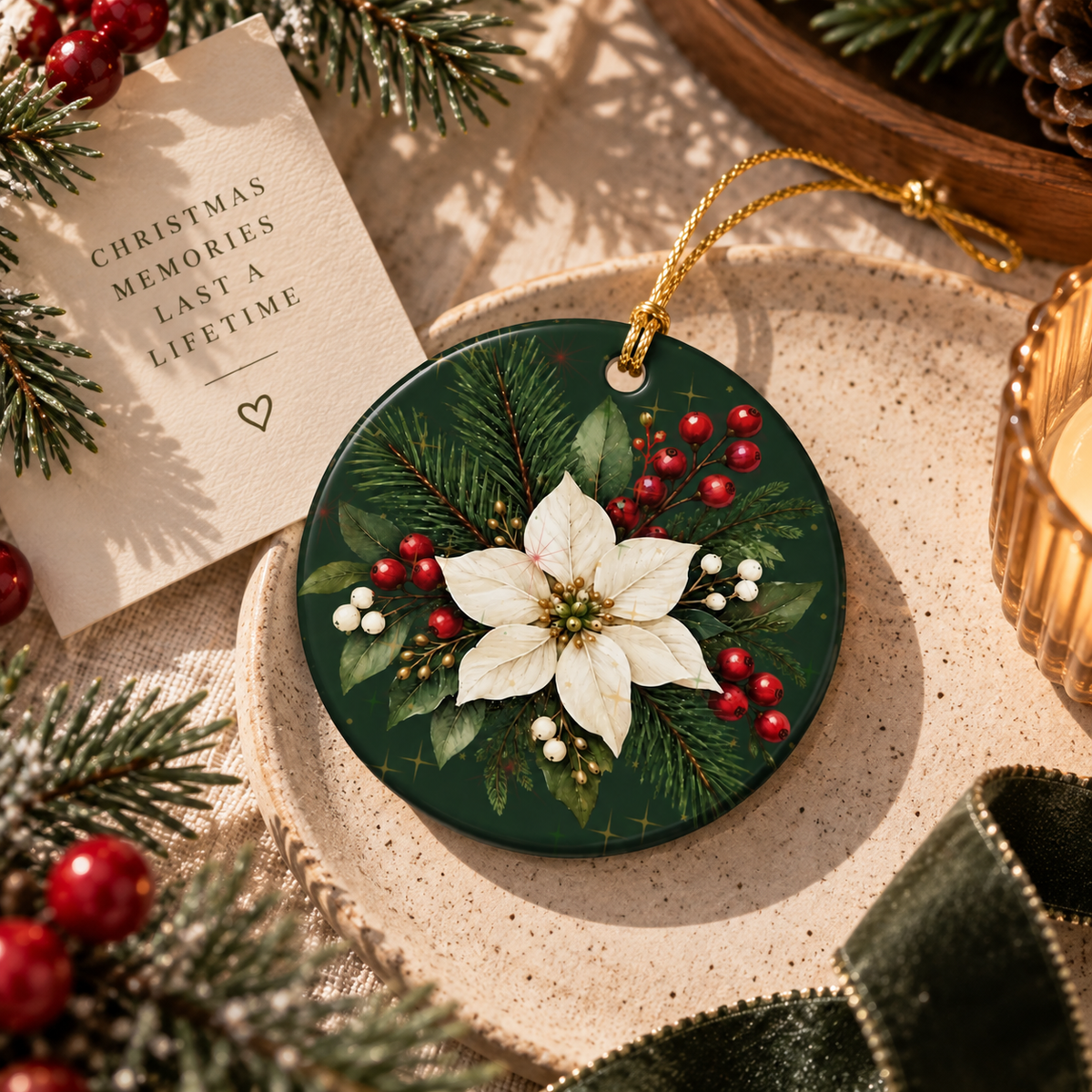 Personalized Ceramic Christmas Ornament – Poinsettia & Pine Family Keepsake (Custom Name, Christmas 2026)