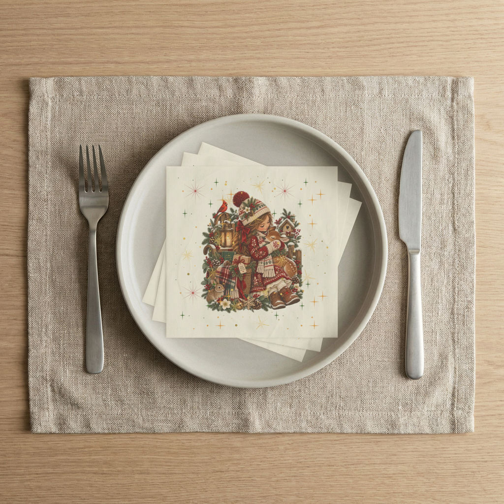 Christmas Girl Napkins — Vintage Holiday Paper Napkins with Cozy Lantern & Toys Design