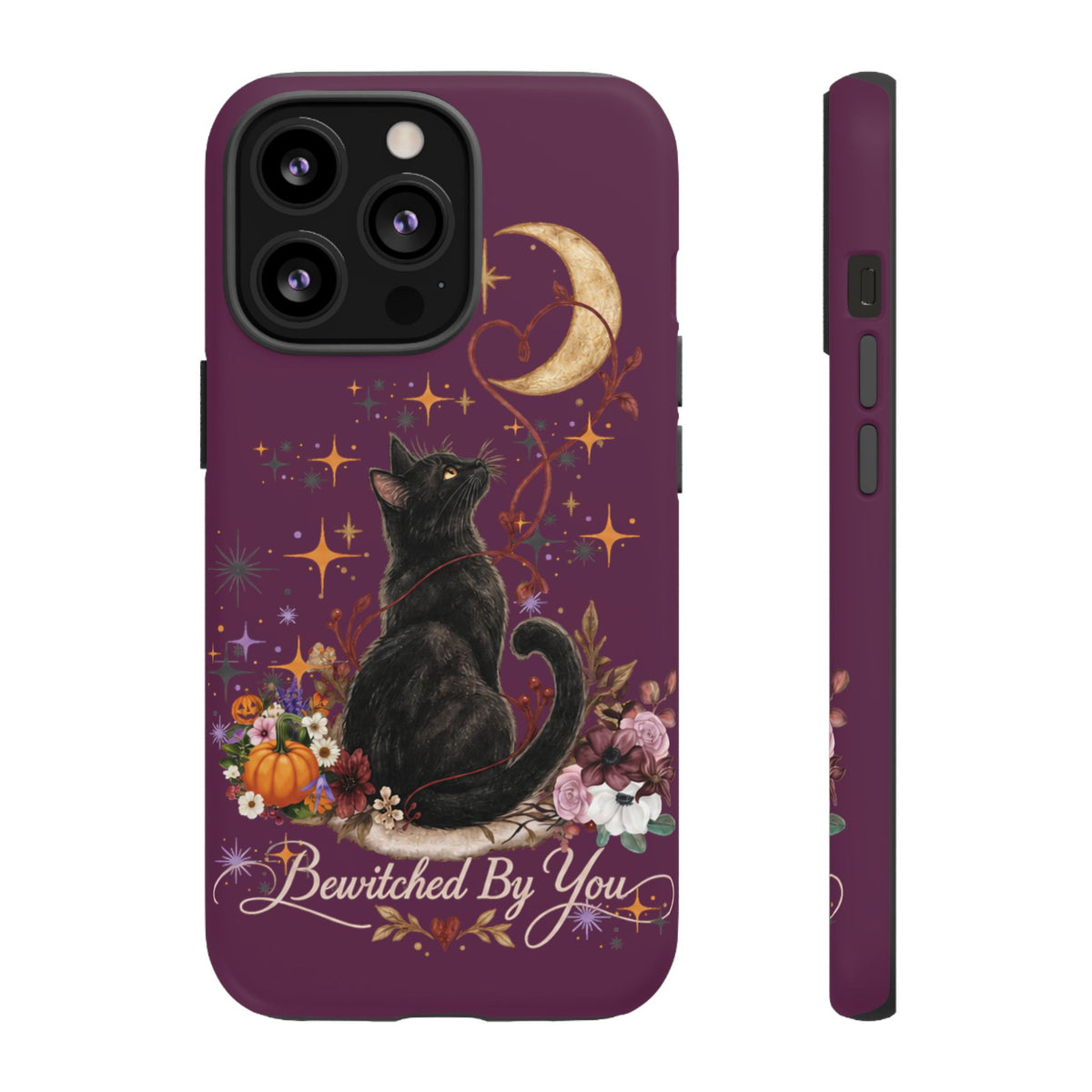 Black Cat Halloween Phone Case | Bewitched By You Witchy Moon & Pumpkin Tough Case | Dual-Layer Protective Cover for iPhone & Samsung