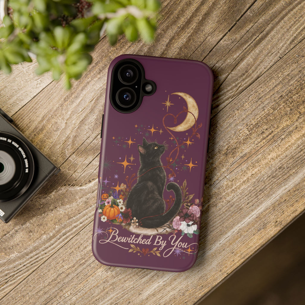 Black Cat Halloween Phone Case | Bewitched By You Witchy Moon & Pumpkin Tough Case | Dual-Layer Protective Cover for iPhone & Samsung
