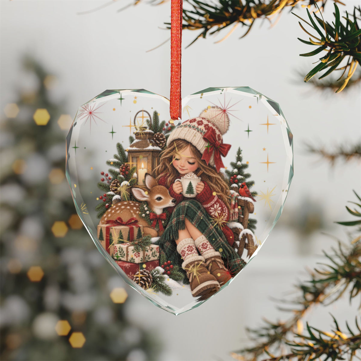 Heart Crystal Ornament — Cute Girl & Fawn Christmas Holiday Decoration